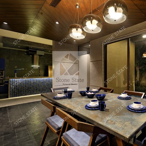 Kadappa Black Lime Stone Leather Finish Restaurant Flooring